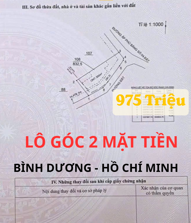Lô góc thổ cư, 2 mặt tiền đường, 832m2 tại Bình Dương - giá chỉ 975 triệu