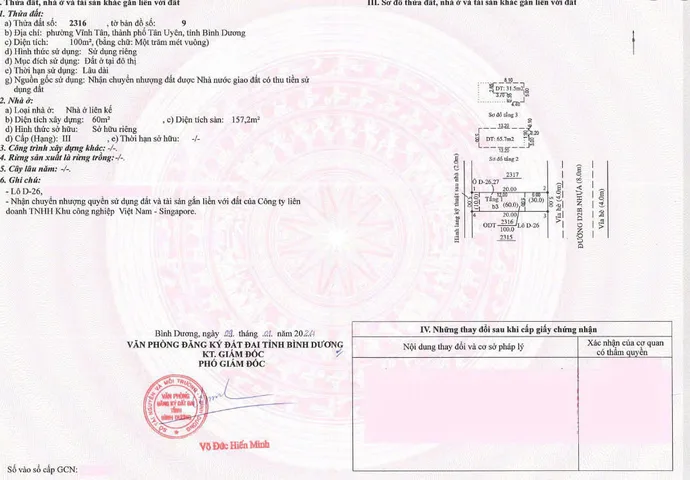 Bán nhà 1 Trệt 2 Lầu đã hoàn công, diện tích 5x20 full thổ cư. Tại Vsip 2, Vĩnh Tân, Tân Uyên, Bình Dương