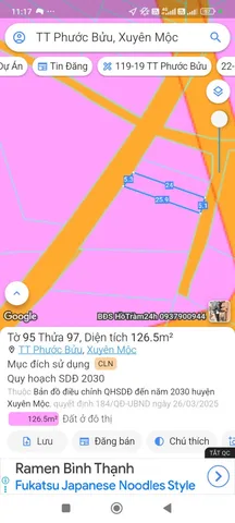 Bán đất 126,5m² ngang 5m giá 1.5 tỷ Xã Hồ Tràm Xuyên Mộc
