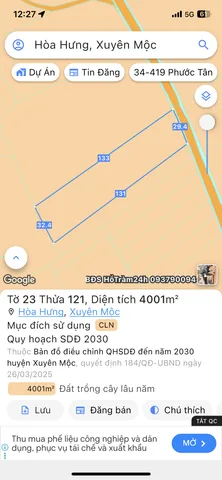 Bán đất 4001m² ngang 30m giá 3.85 tỷ Xã Hòa Hội