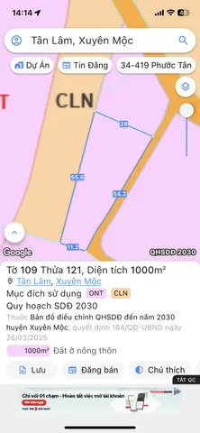 Bán đất 1.000,2m² ngang 54m giá 1.2 tỷ Xã Bàu Lâm