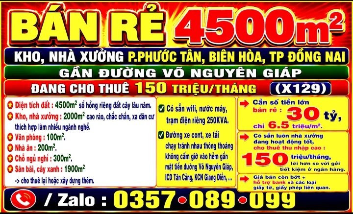 BÁN RẺ 4500m2 KHO, NHÀ XƯỞNG P.PHƯỚC TÂN, BIÊN HÒA, TP ĐỒNG NAI, ĐANG CHO THUÊ 150TR/THÁNG