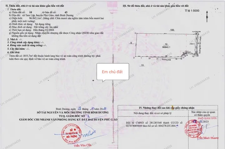 Bán đất 96m² ngang 172m giá 115 tỷ Xã Phú Giáo Có Hơn 6 Ngàn SKC Đóng 1 Lần 50 Năm