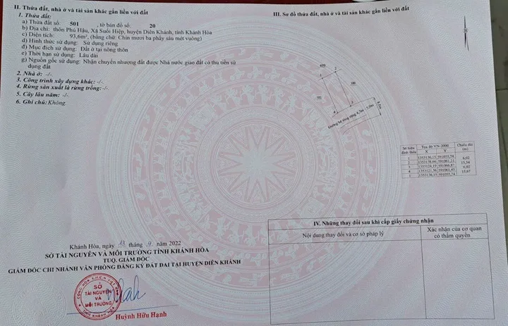 Bán đất thổ cư 93,6m² Phú Hậu Suối Hiệp, ô tô vào, gần Nha Trang, giá 1 tỷ
