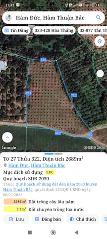 Bán đất 2689m² giá 591.58 triệu Xã Hàm Thuận