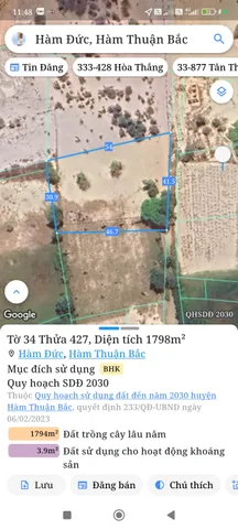 Bán đất 1797m² ngang 41m giá 810 triệu Xã Hàm Thuận
