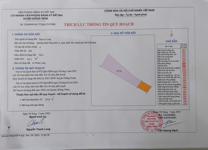 Bán gấp 332m2 đất quy hoạch đất ở mặt tiền xã Hưng Phong