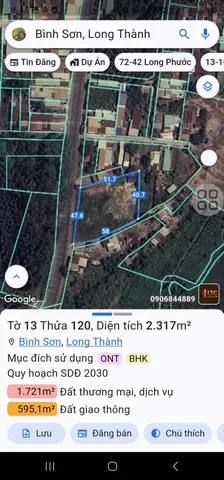 Bán đất 2317m² ngang 42m giá 40 tỷ Xã Long Thành