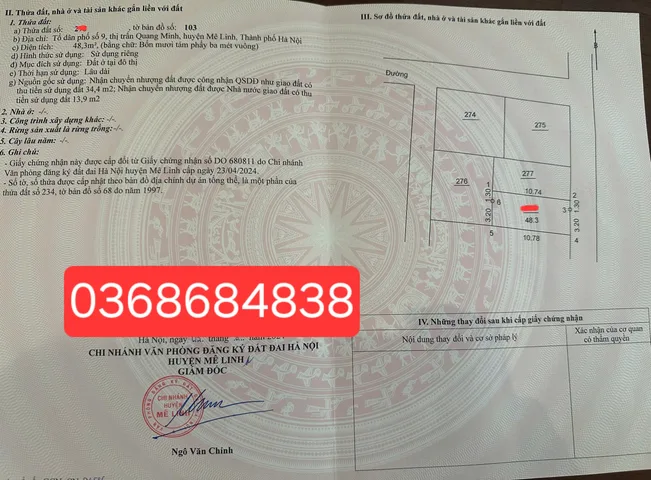 Bán đất 48.3m² full thổ cư ngang 4.5m giá 3.1 tỷ tại Xã Quang Minh