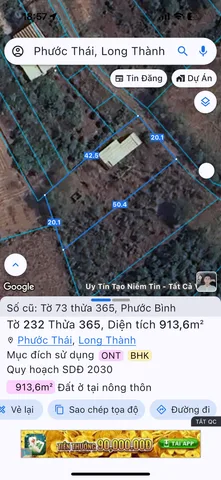 Bán đất 913m² ngang 20m giá 3 tỷ Xã Phước Thái