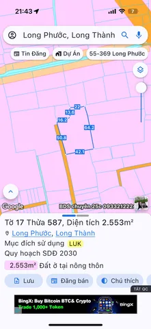 Bán đất 2552.7m² ngang 50m giá 9.5 tỷ Xã Long Phước