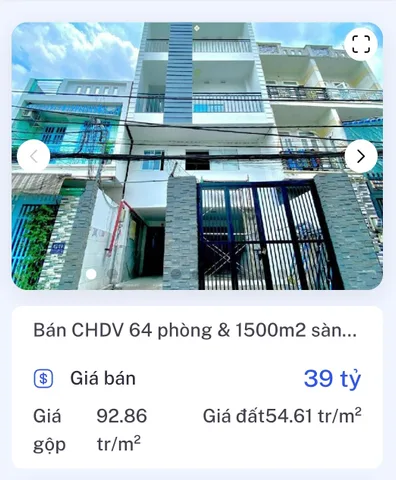 Bán toà CHDV 64 phòng x 1500m2 sàn x 270tr/tháng.