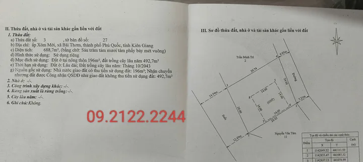 Bán đất 688.7m² Xóm mới Bãi Thơm ngang 24m giá 4 tỷ Đặc khu Phú Quốc