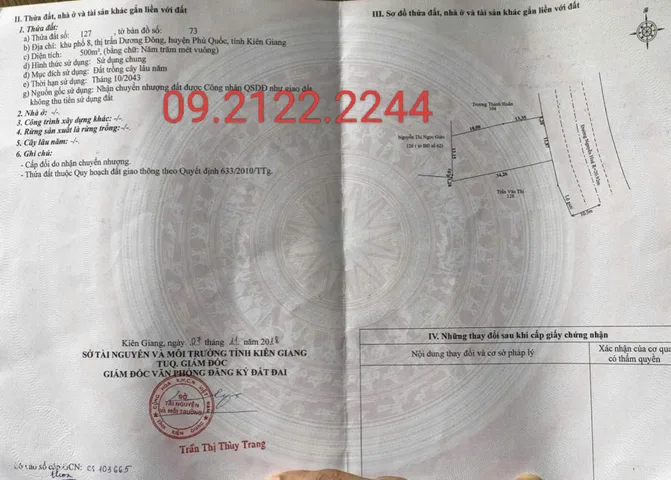 Bán đất 500m² mặt tiền 15m Nguyễn Huệ KP8 Dương Đông giá 21 tỷ Đặc khu Phú Quốc