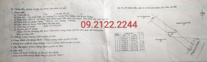 Bán đất 2461.6m² ngang 19.1m Suối Mây Dương Tơ giá 40.6 tỷ Đặc khu Phú Quốc