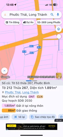 Bán đất 1890.6m² ngang 26m giá 8.5 tỷ Xã Phước Thái