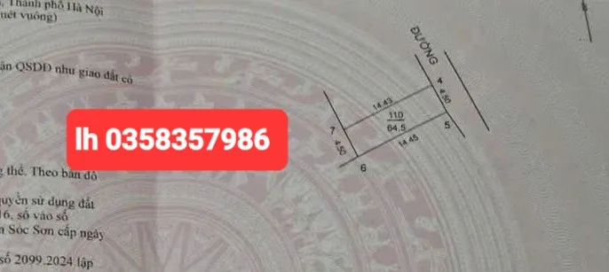Bán đất 64.5m² full thổ cư ngang 4.5m giá 2.55 tỷ tại Xã Sóc Sơn