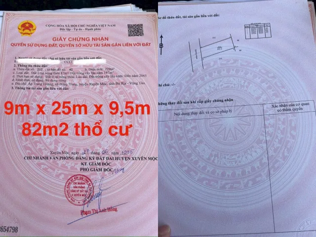 Bán đất 229m² ngang 9m giá 1.5 tỷ Xã Xuyên Mộc