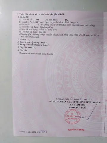 Cần bán đất 
Thửa đất số: 838, tờ bản đồ số 19.
Địa chỉ: Ấp 3, Xã Thạnh Đức, Huyện Bến Lức, Tỉnh Long An.
Diện tích: 126,5m² (trong đó có 5m² nằm trong lộ giới).
Mục đích sử dụng: Đất ở tại nông thôn, thời hạn sử dụng lâu dài.
Giá 25tr/m2