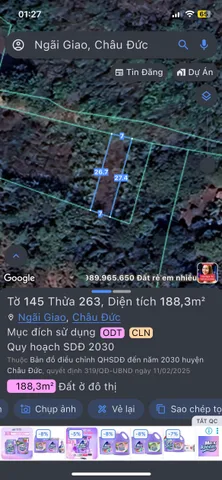 Bán đất 188m² ngang 7m giá 1.2 tỷ Xã Ngãi Giao