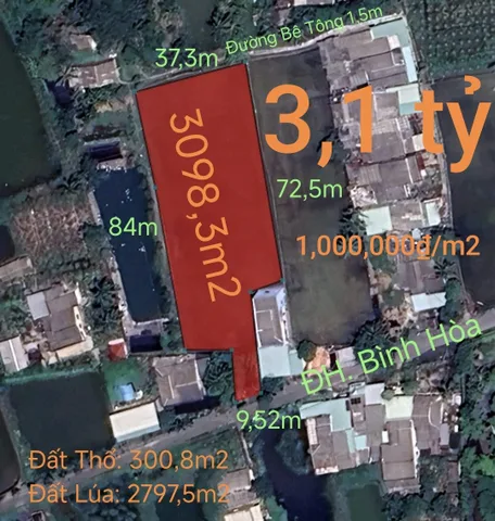 Bán đất 3098m² ngang 10m giá 3.1 tỷ Xã Vàm Cỏ