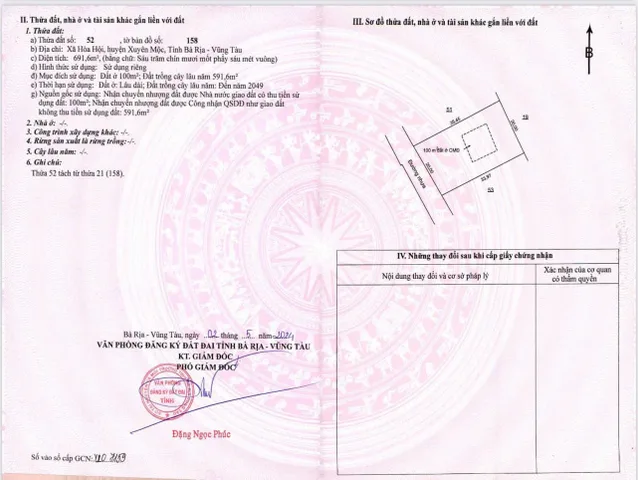 Bán đất 691,6m² ngang 20m giá 2.09 tỷ Xã Hòa Hội Xuyên Mộc