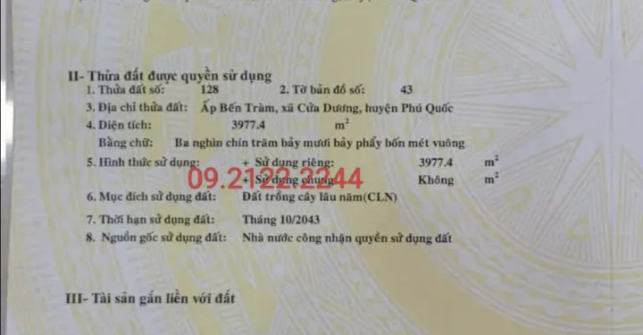 Bán đất 3977.4m² ngang 40m Bến Tràm, Cửa Dương giá 27.85 tỷ Đặc khu Phú Quốc
