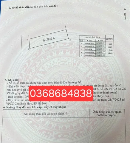 Bán đất 99.4m² full thổ cư ngang 5m giá 4.25 tỷ tại Xã Sóc Sơn