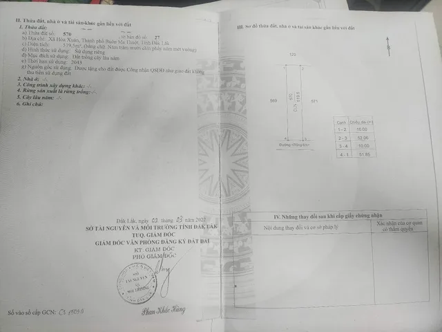 Bán đất 519.5m² ngang 10m giá 810 triệu Xã Hòa Phú