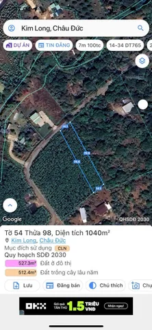 Bán đất 1039,7m² ngang 14,1m giá 1.4 tỷ Xã Kim Long Châu Đức
