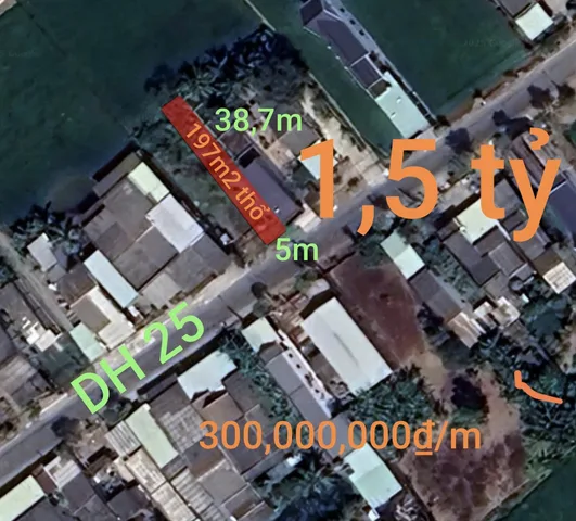 Bán đất 197m² ngang 5m giá 1.5 tỷ Xã Vàm Cỏ