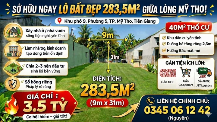 Bán đất trục Đoàn Thị Nghiệp, gần đường Kênh 26/3 – Phường 5 Mỹ Tho