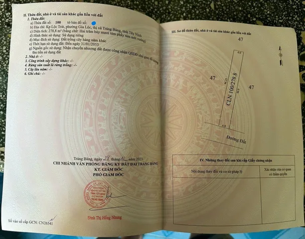 278m2, ngang 6m, ngay trung tâm Trảng Bàng, SHR, Giá 680 triệu.