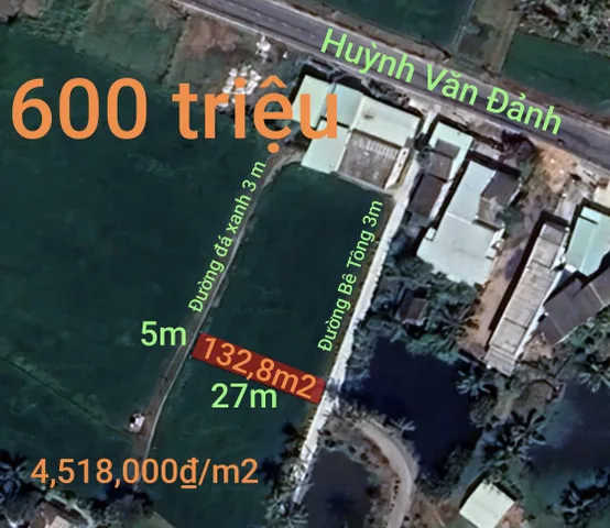 Bán đất 132.8m² ngang 5m giá 600 triệu Xã Vàm Cỏ