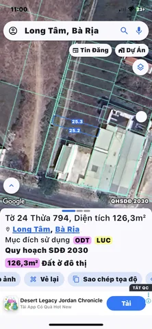 Bán đất 126.3m² có sẵn 80m² thổ cư ngang 5m giá 2 tỷ Phường Long Tâm, Bà Rịa Vũng Tàu.