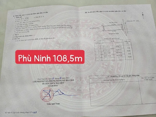 💎💎 E chào bán 1 lô đất đẹp Long Lanh Tại Phù Ninh _ (Nay thuộc xã việt khê) Thủy Nguyên 

✅👉Đường trước đất Rộng Thênh Thang ô Tô 🚘 Quay Đầu Trước đất 

🌐Diện tích : 108,5 m2 -- ngang 5,32m
💰💰 Giá bán chỉ: 8xxtr

L/h:076.231.9990 E Thúy