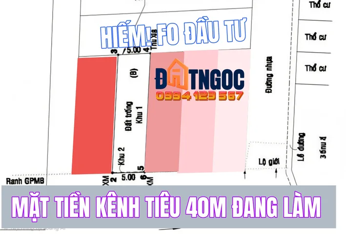 🟥Hàng hiếm, tiềm năng lớn ra 5 nền đất 5x20=100m² có sẵn 90m² thổ cư giá 5ty150 Mặt tiền Kênh tiêu 40m tại Xuân Thới Sơn Hóc Môn