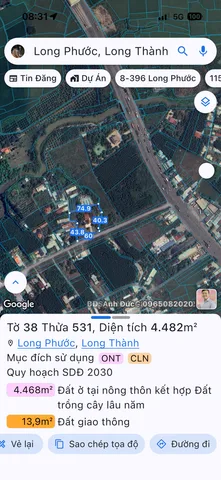 Bán đất 4481.3m² có sẵn 300m² thổ cư ngang 60m giá 32 tỷ tại Xã Long Phước