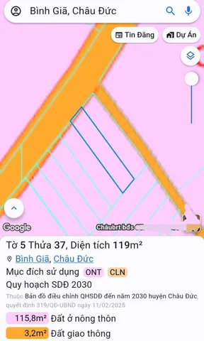 Bán đất 117.8m² có sẵn 80m² thổ cư ngang 5m giá 580 triệu tại Xã Bình Giã