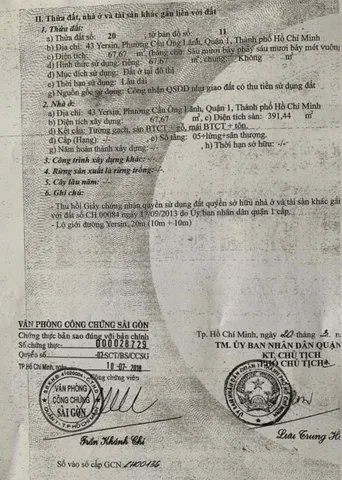 Bán nhà 43 Yersin, phường cầu ông lãnh, quận 1 – Giá 53 tỷ