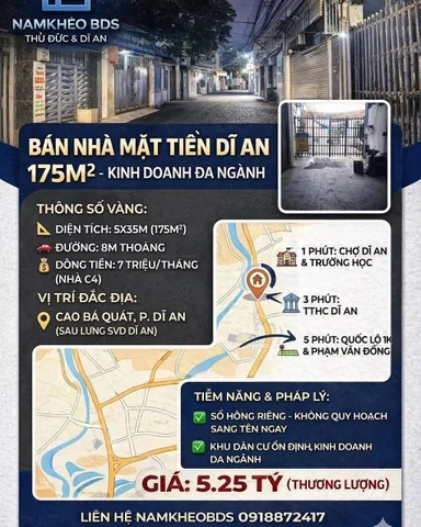 MẶT TIỀN KINH DOANH DĨ AN 175M2, ngang 5m đầu tư bền vững . Giá 5.25 tỷ TL