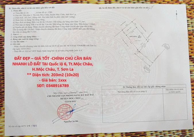 ĐẤT ĐẸP – GIÁ TỐT -CHÍNH CHỦ CẦN BÁN NHANH LÔ ĐẤT TẠI Quốc lộ 6, Tt.Mộc Châu, H.Mộc Châu, T. Sơn La