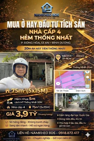 THỐNG NHẤT- ĐÔNG HOÀ DĨ AN 75M2 NGANG 5M , HXH CÁCH TRỤC ĐƯỜNG CHÍNH 20M , GIÁ 3.5 TỶ