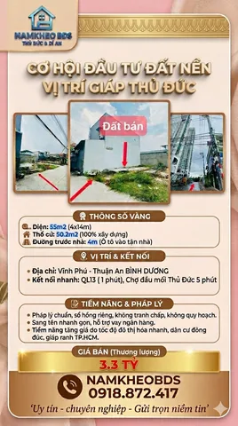 ĐÓN SÓNG DỊCH CHUYỂN TỪ SÀI GÒN! LÔ ĐẤT 55M2 NGAY SÁT QUỐC LỘ 13 , GIÁ CHỈ 3.2 TỶ