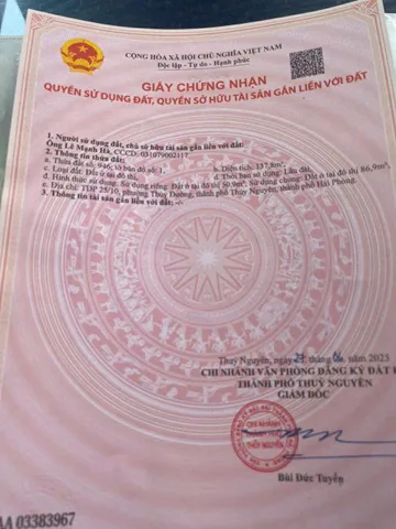 09/03/2026.Bán đất 50.9m² có sẵn 50,9m² thổ cư ngang 4m giá 1.38 tỷ tại Phường Thủy Nguyên. Thủy Sơn. liên hệ 0362558882