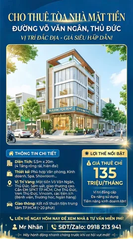 CHO THUÊ TOÀ NHÀ MẶT TIỀN ĐƯỜNG VÕ VĂN NGÂN, THỦ ĐỨC - VỊ TRÍ ĐẮC ĐỊA, GIÁ THƯƠNG LƯỢNG 135 TRIỆU/THÁNG!