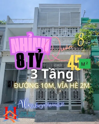 Q.8.127 – NHÀ 3 TẦNG 45m², NHỈNH 8 TỶ, HẺM XE TẢI TRÁNH NHAU, HƯNG PHÚ, VỈA HÈ 2M, O9I88466O8