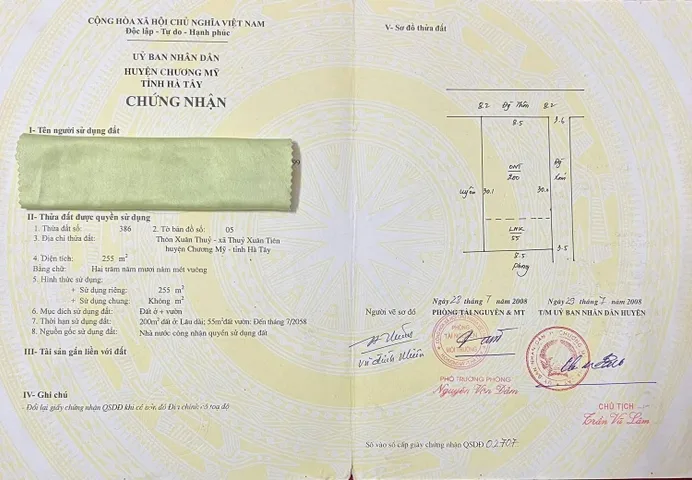 Bán đất 255m² có sẵn 200m² thổ cư ngang 8,5m giá 5.9 tỷ tại Xã Xuân Mai