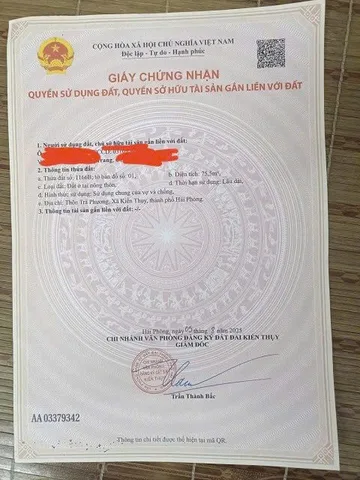 Bán 75,5m đất, Mặt tiền : 5,2m.Tại : Thuỵ Hương - Kiến Thuỵ - Hải Phòng