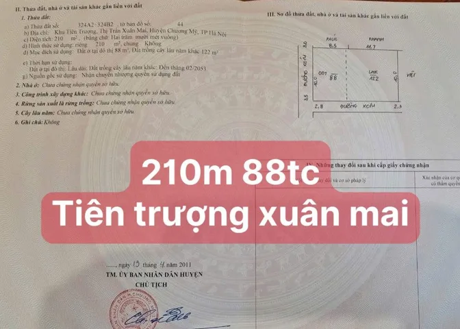 Bán đất 219.6m² có sẵn 80m² thổ cư ngang 10m giá 5.9 tỷ tại Xã Xuân Mai